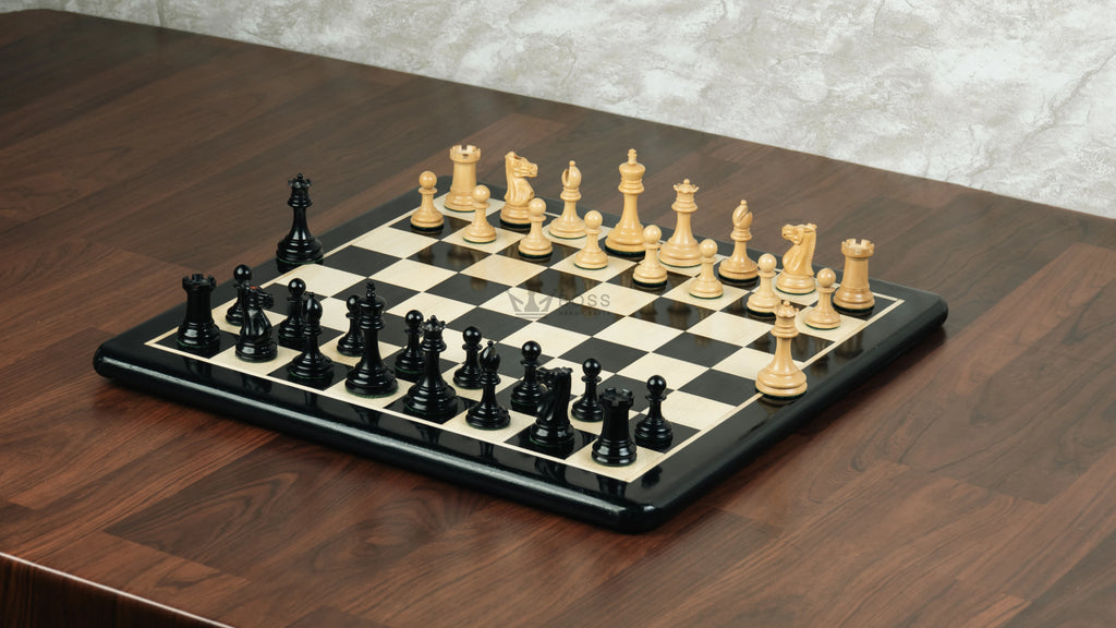 3.9” ROYAL KNIGHT STAUNTON EBONISED WEIGHTED CHESS PIECES WITH 21” EBONY WOOD BOARD & STORAGE BOX