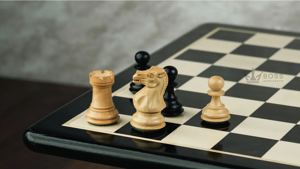 3” PRO ROYAL KNIGHT STAUNTON EBONISED WEIGHTED CHESS PIECES, 17” EBONY STYLE CHESSBOARD & STORAGE BOX
