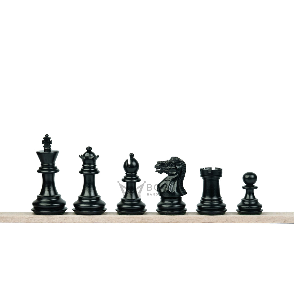 3” PRO ROYAL KNIGHT STAUNTON EBONISED WEIGHTED CHESS PIECES, 17” EBONY STYLE CHESSBOARD & STORAGE BOX