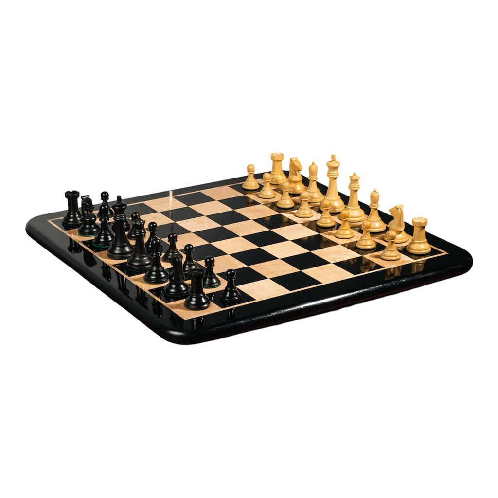 Premium ebony wooden chess board with Drueke Player Choice weighted chess pieces – luxury Indian chess set