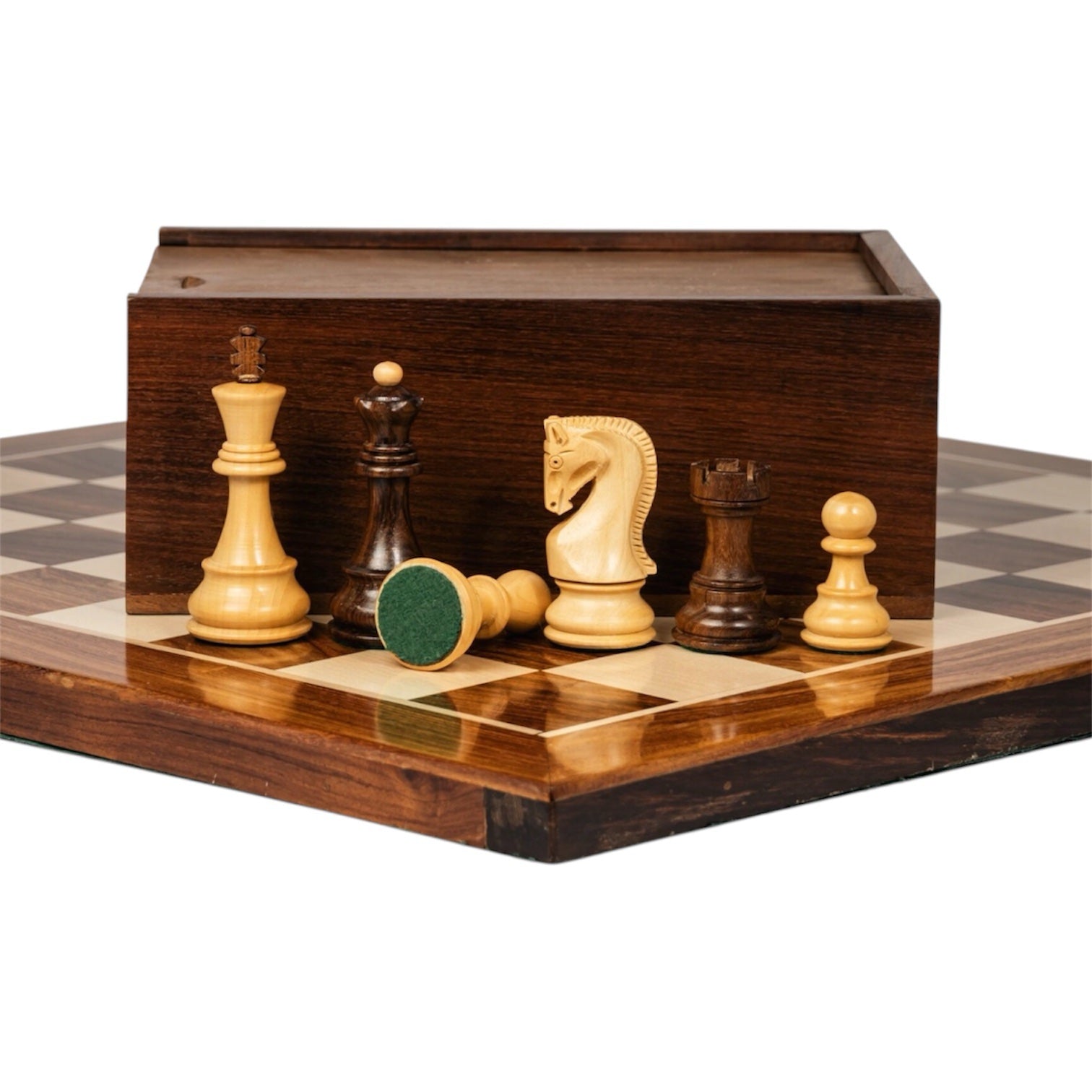 3.9” RUSSIAN ZAGREB 1959’ WEIGHTED CHESS PIECES, 21” WOODEN CHESSBOARD &amp; BOX