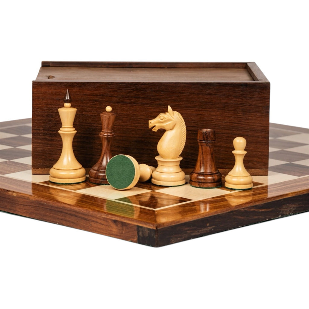 3.8” MINSK 1960’s SOVIET RUSSIAN DOUBLE WEIGHTED CHESS PIECES, 21” GOLDEN ROSEWOOD CHESS BOARD &amp; BOX