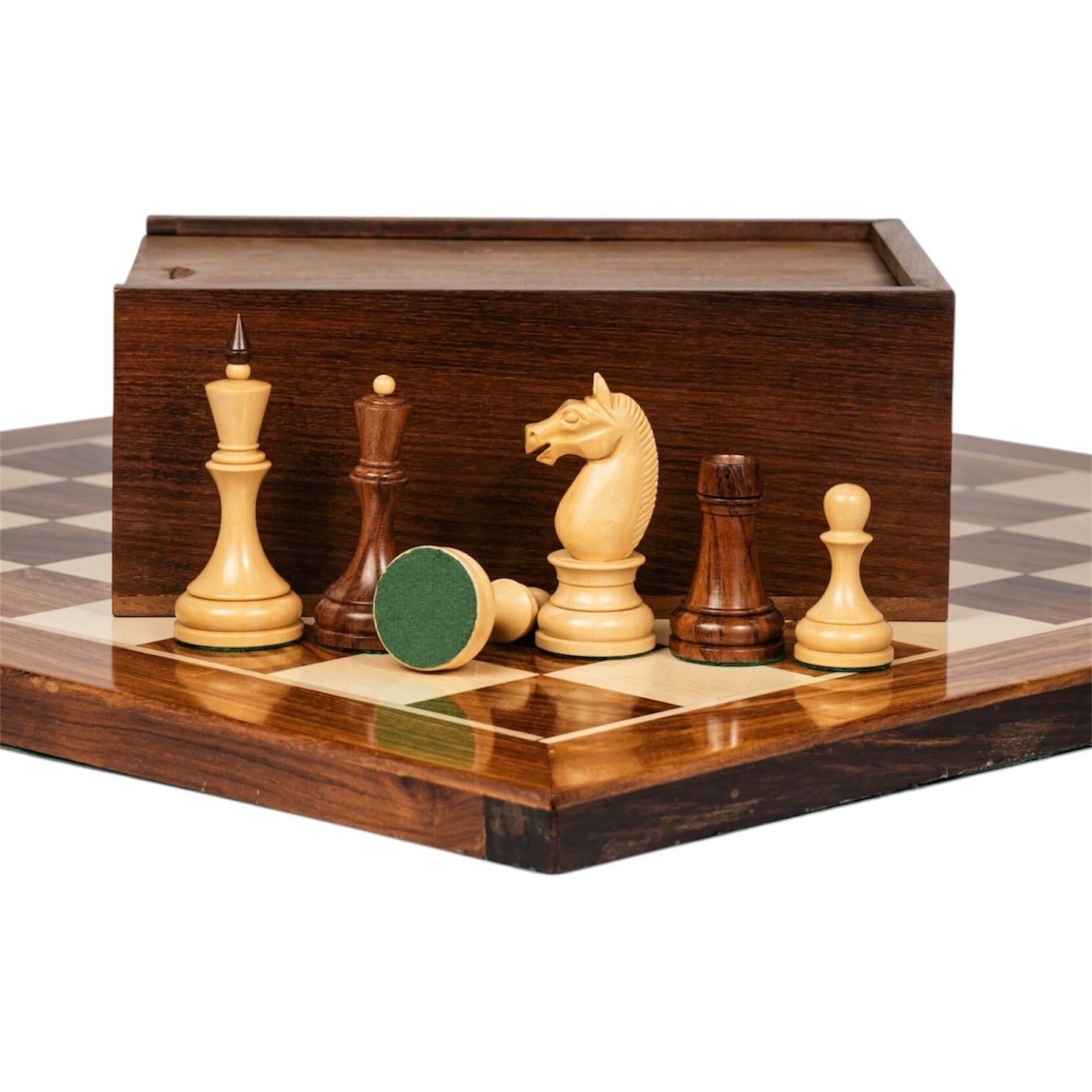 3.8” MINSK 1960’s SOVIET RUSSIAN DOUBLE WEIGHTED CHESS PIECES, 21” GOLDEN ROSEWOOD CHESS BOARD &amp; BOX