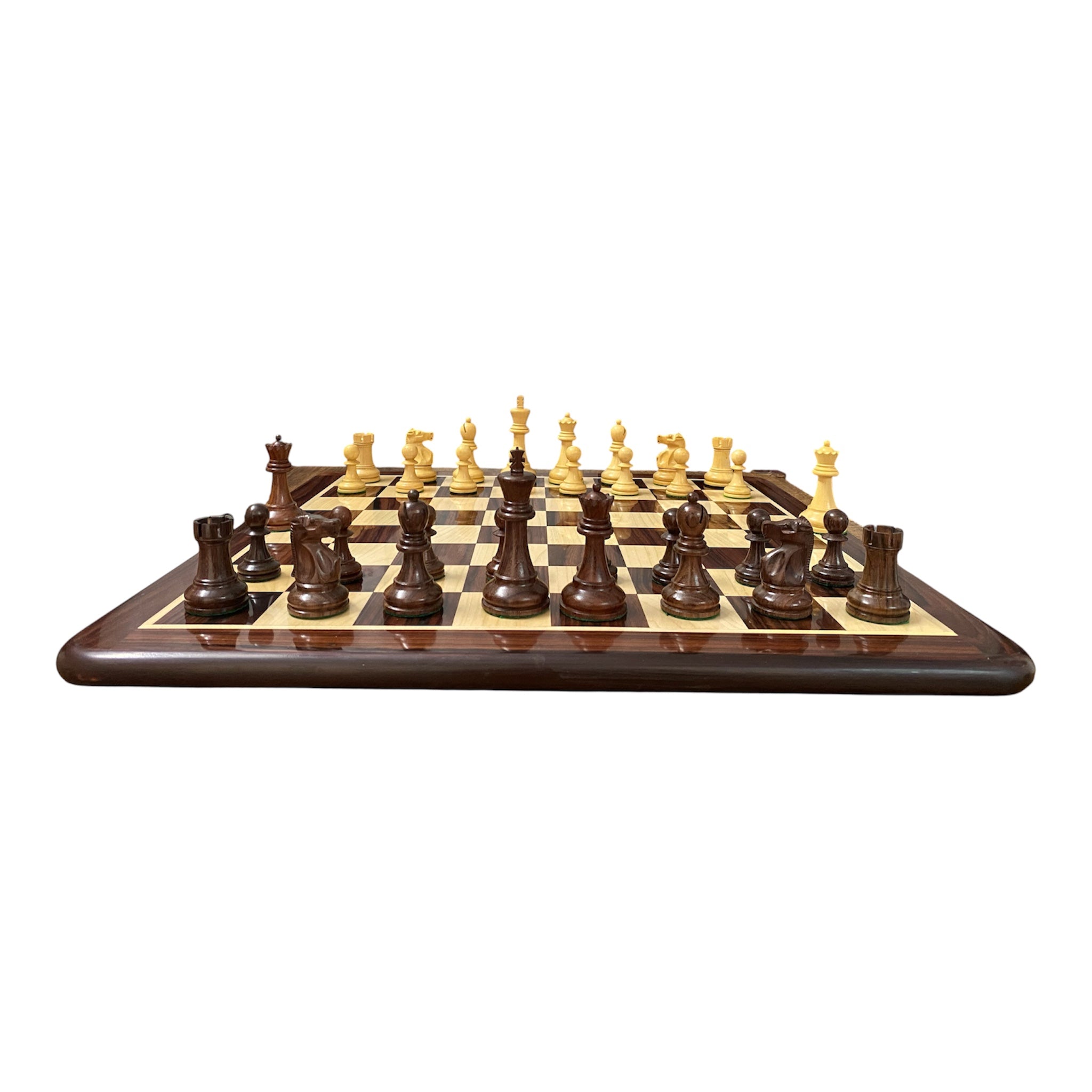3.75” THE FISCHER SPASSKY 1972 SERIES ROSEWOOD DOUBLE WEIGHTED CHESS PIECES, 21” ROSEWOOD BOARD & BOX