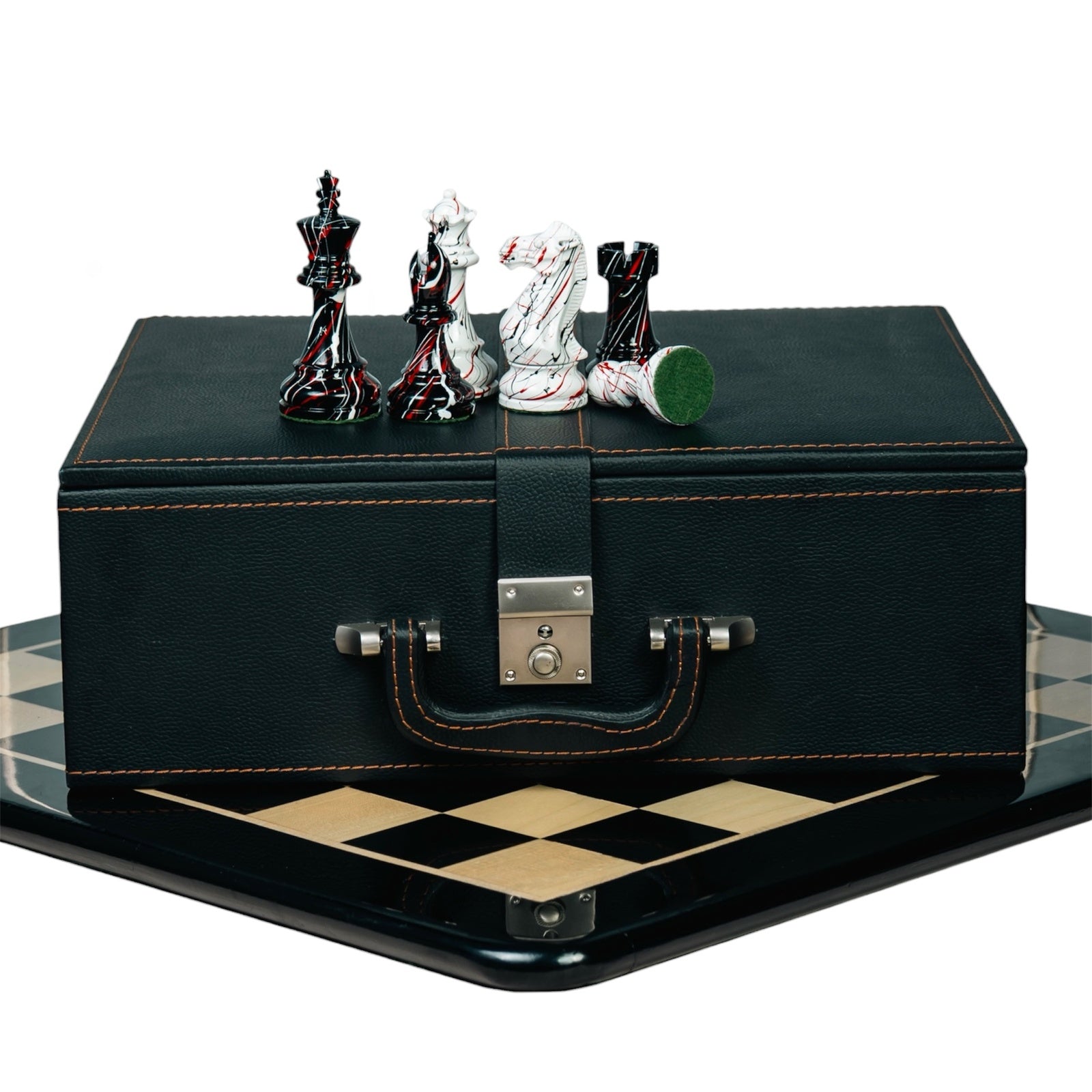 4.1” PAINTED ROYAL KNIGHT STAUNTON TRIPLE WEIGHTED CHESS PIECES, 21” EBONY BOARD &amp; BOX