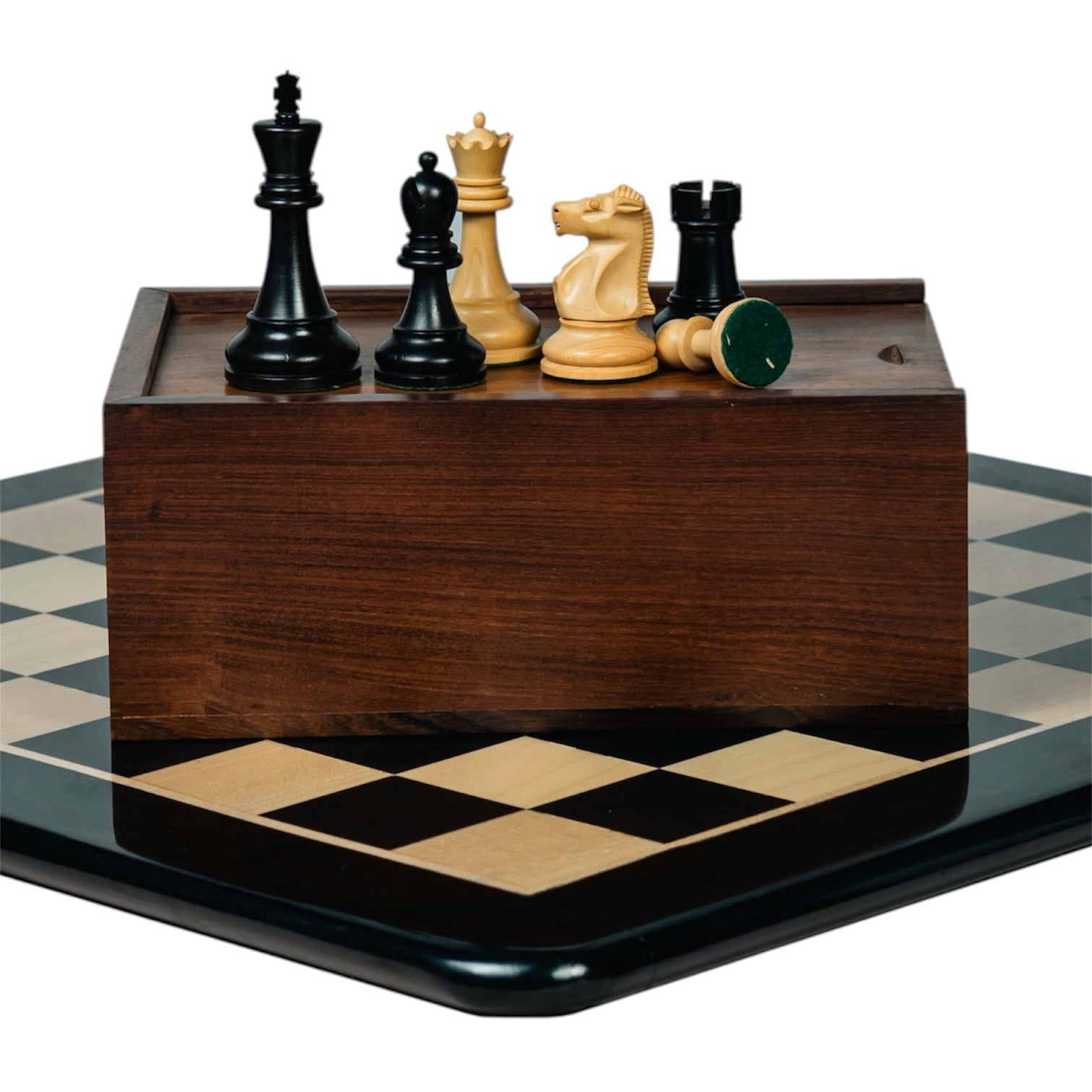 3.75” THE FISCHER SPASSKY 1972 SERIES EBONISED DOUBLE WEIGHTED CHESS PIECES, 21” EBONY BOARD &amp; BOX