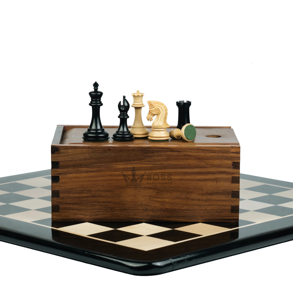3.1” REPRODUCED 2016 SINQUEFIELD STAUNTON WEIGHTED EBONY CHESS PIECES, 17” EBONY STYLE BOARD & BOX