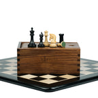 3.1” REPRODUCED 2016 SINQUEFIELD STAUNTON WEIGHTED EBONY CHESS PIECES, 17” EBONY STYLE BOARD & BOX