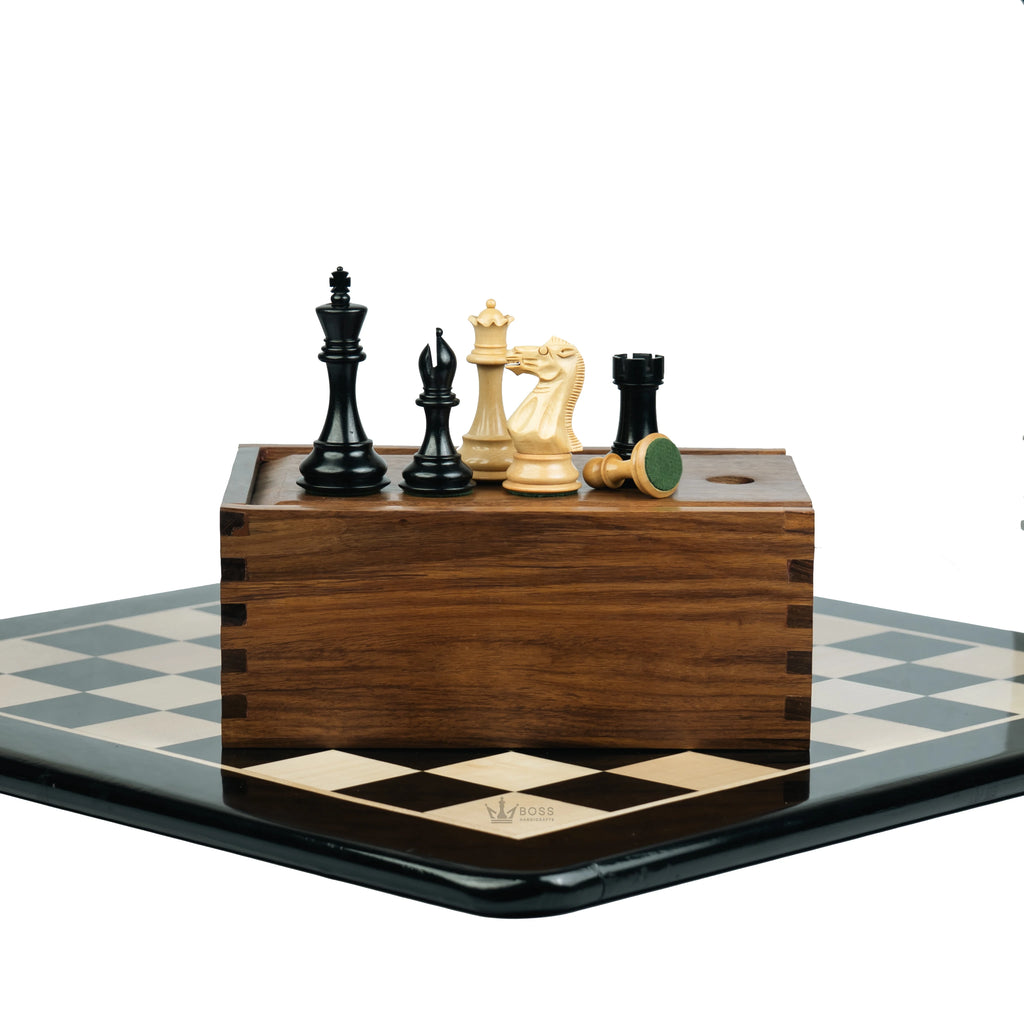 3.9” ROYAL KNIGHT STAUNTON EBONISED WEIGHTED CHESS PIECES WITH 21” EBONY WOOD BOARD & STORAGE BOX