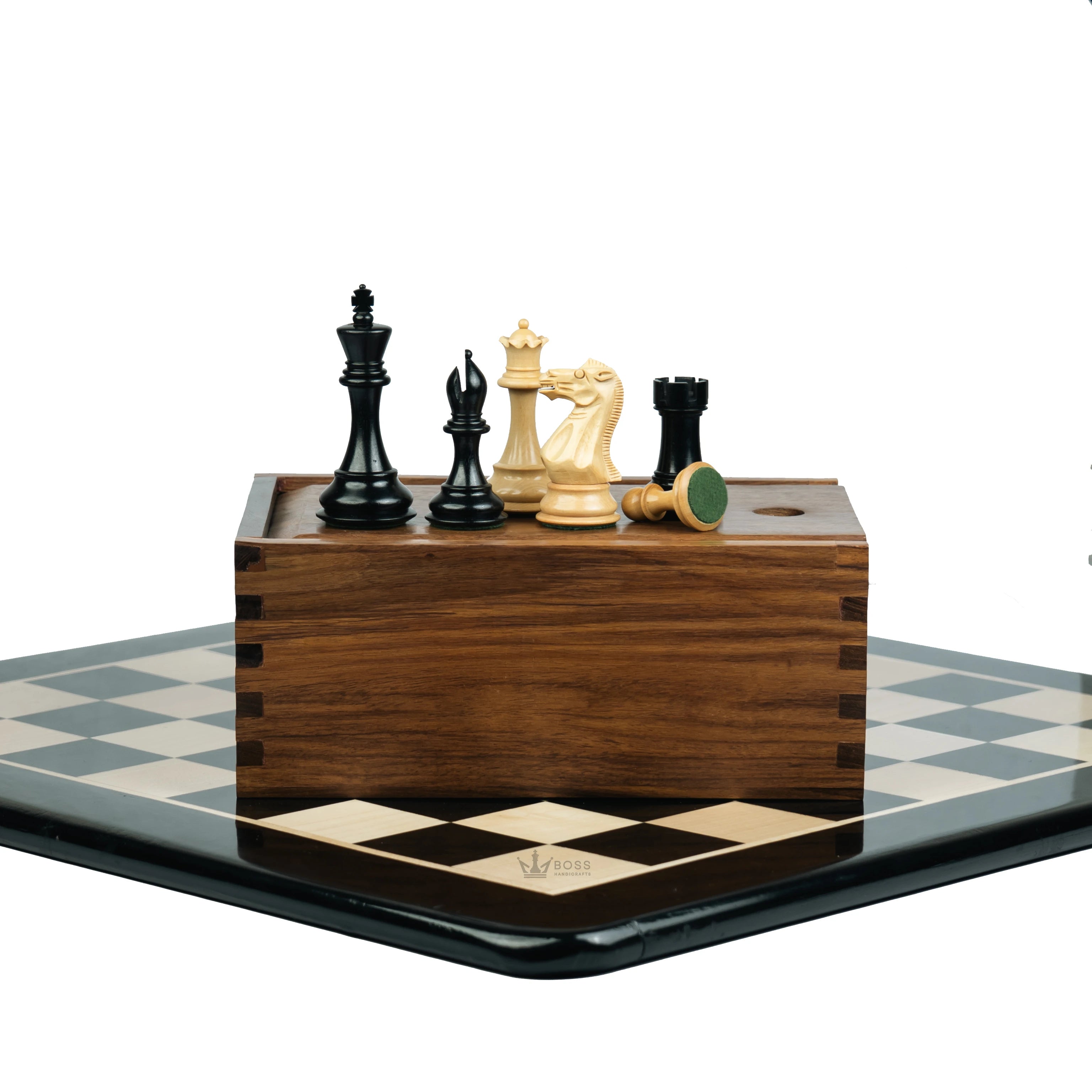 3.9” ROYAL KNIGHT STAUNTON EBONISED WEIGHTED CHESS PIECES WITH 21” EBONY WOOD BOARD & STORAGE BOX