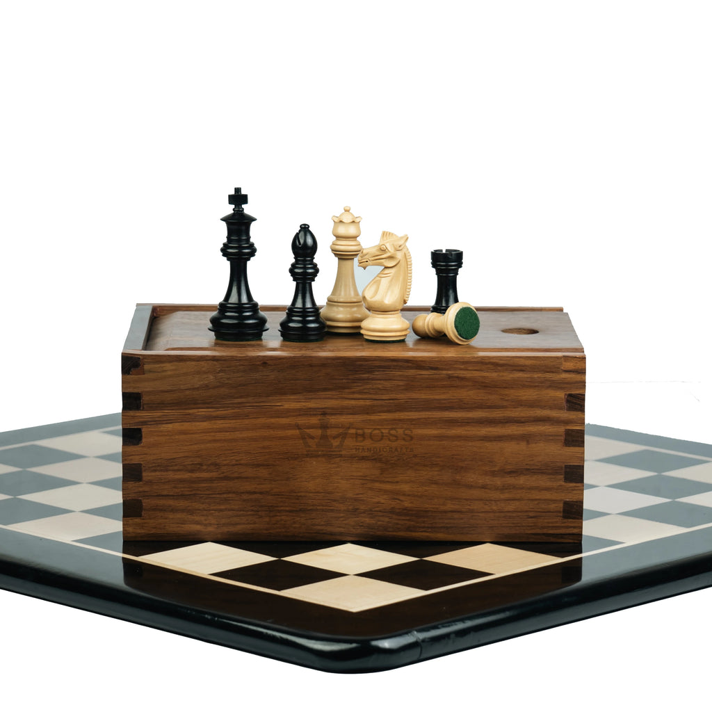 3.4” MEGHDOOT STAUNTON WEIGHTED EBONISED CHESS PIECES, 17” EBONY STYLE CHESSBOARD & BOX