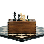 3.4” MEGHDOOT STAUNTON WEIGHTED EBONISED CHESS PIECES, 17” EBONY STYLE CHESSBOARD & BOX