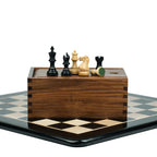 3” ROYAL KNIGHT STAUNTON EBONISED WEIGHTED CHESS PIECES, 17” EBONY STYLE CHESSBOARD & STORAGE BOX