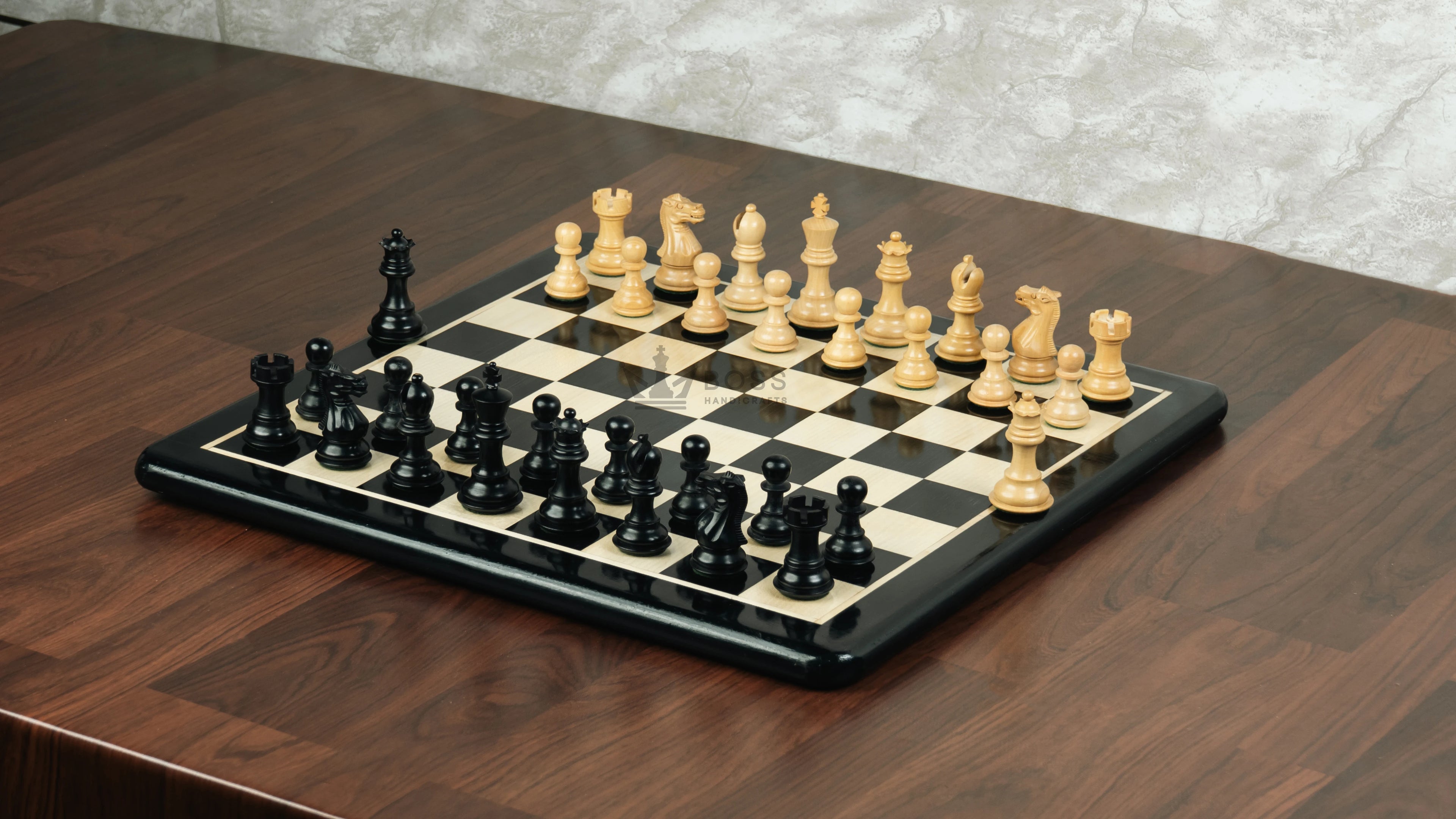 3” PRO ROYAL KNIGHT STAUNTON EBONISED WEIGHTED CHESS PIECES, 17” EBONY STYLE CHESSBOARD & STORAGE BOX