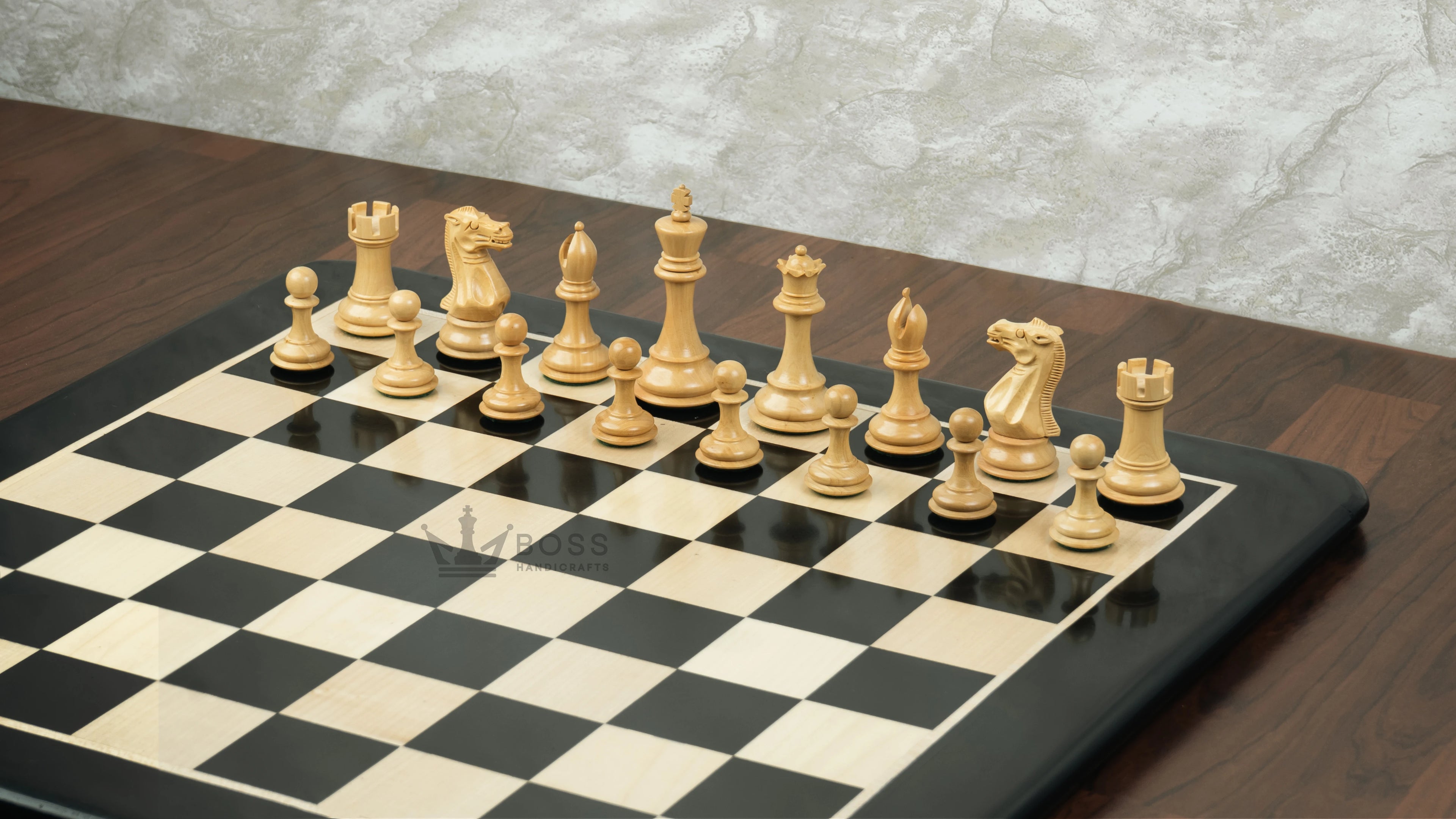 3.9” ROYAL KNIGHT STAUNTON EBONISED WEIGHTED CHESS PIECES WITH 21” EBONY WOOD BOARD & STORAGE BOX