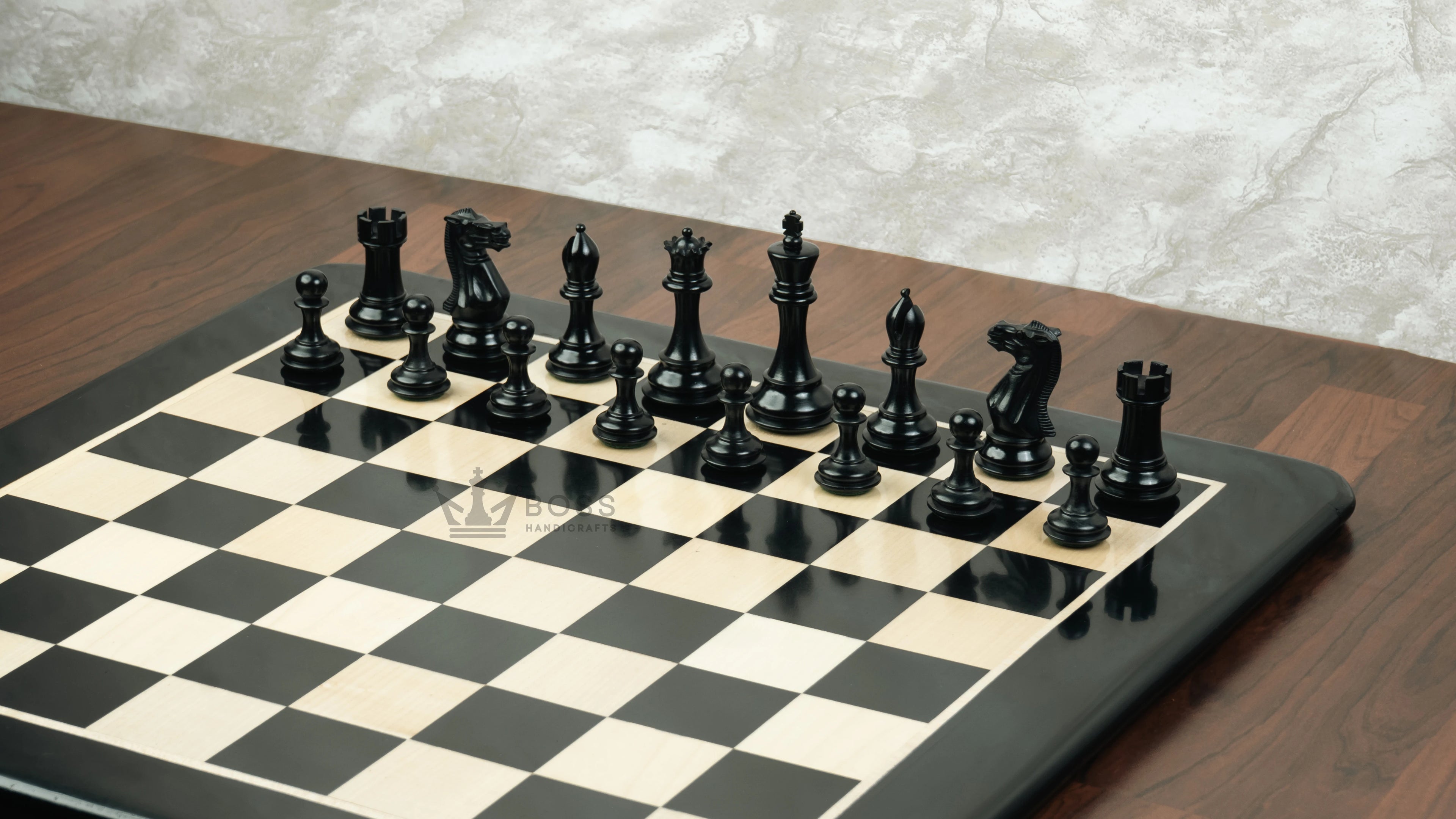 3.9” ROYAL KNIGHT STAUNTON EBONISED WEIGHTED CHESS PIECES WITH 21” EBONY WOOD BOARD & STORAGE BOX