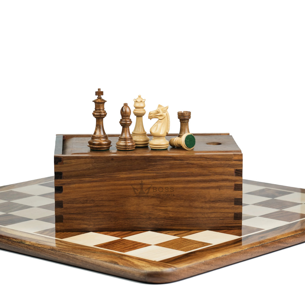 3.4” MEGHDOOT STAUNTON WEIGHTED WOODEN CHESS PIECES, 16” WOODEN CHESSBOARD & STORAGE BOX
