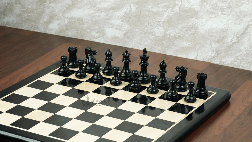 3” PRO ROYAL KNIGHT STAUNTON EBONISED WEIGHTED CHESS PIECES, 17” EBONY STYLE CHESSBOARD & STORAGE BOX