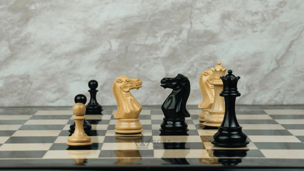 3.9” ROYAL KNIGHT STAUNTON EBONISED WEIGHTED CHESS PIECES WITH 21” EBONY WOOD BOARD & STORAGE BOX