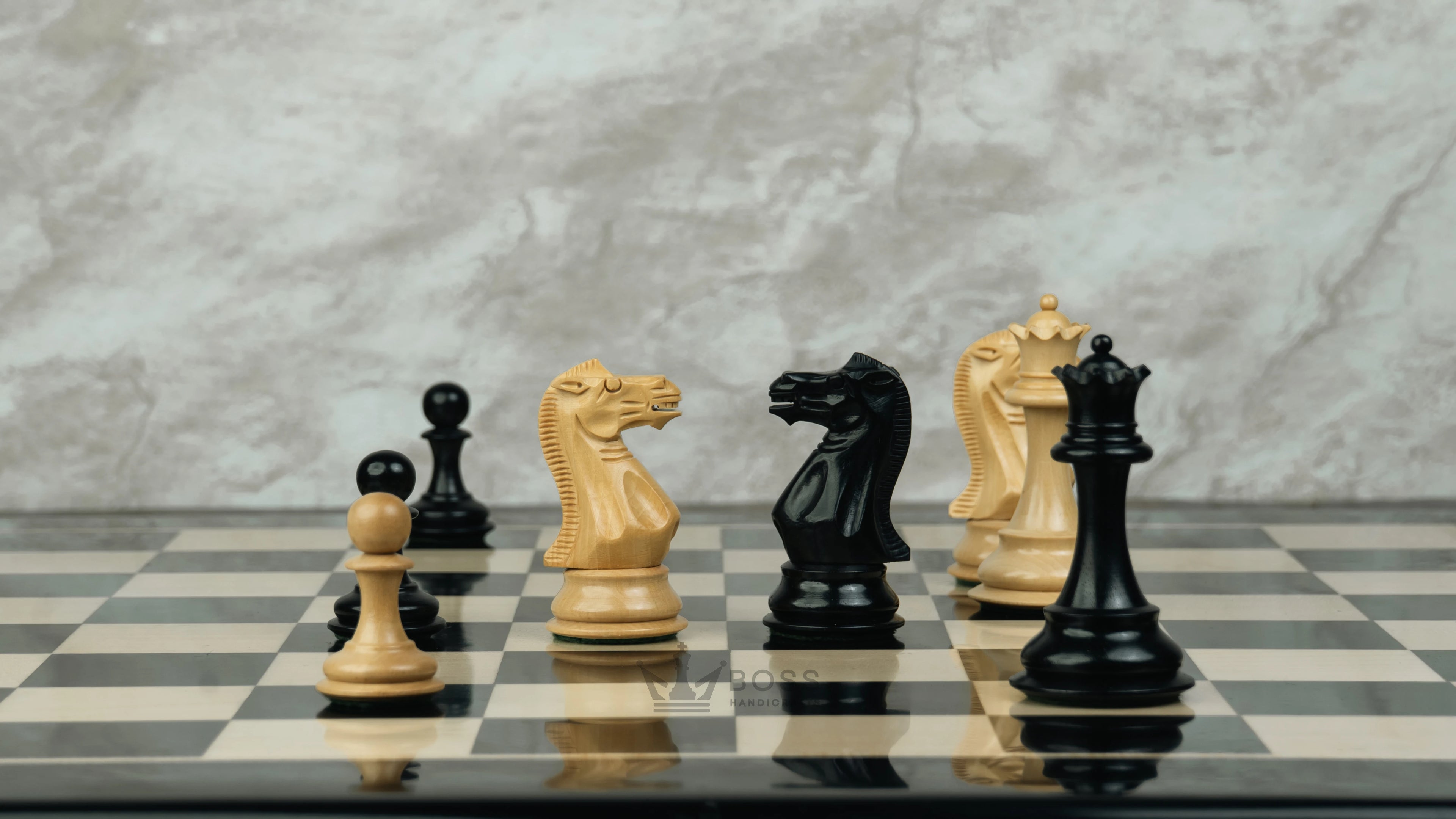 3.9” ROYAL KNIGHT STAUNTON EBONISED WEIGHTED CHESS PIECES WITH 21” EBONY WOOD BOARD & STORAGE BOX