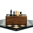 3” PRO ROYAL KNIGHT STAUNTON EBONISED WEIGHTED CHESS PIECES, 17” EBONY STYLE CHESSBOARD & STORAGE BOX