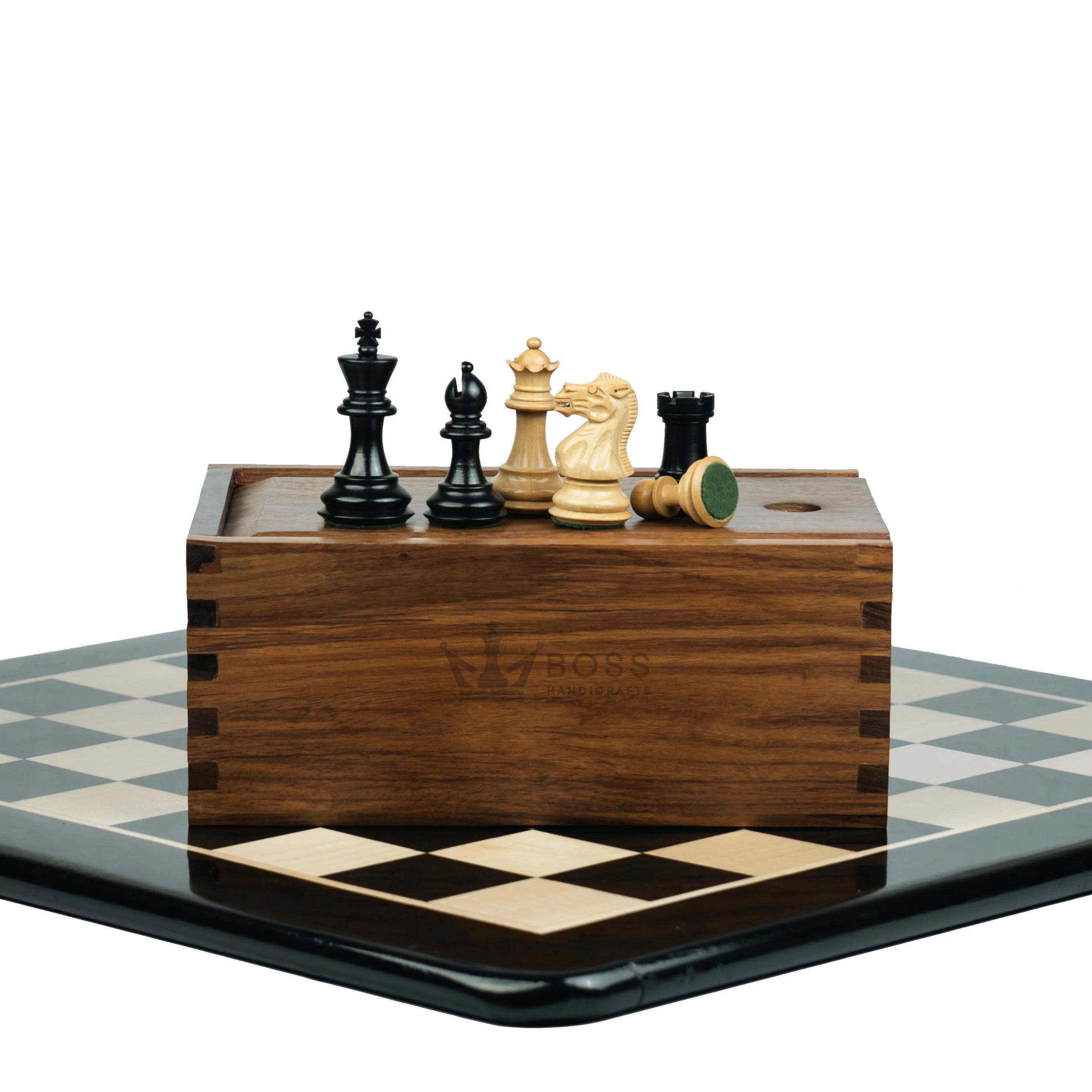 3” PRO ROYAL KNIGHT STAUNTON EBONISED WEIGHTED CHESS PIECES, 17” EBONY STYLE CHESSBOARD & STORAGE BOX