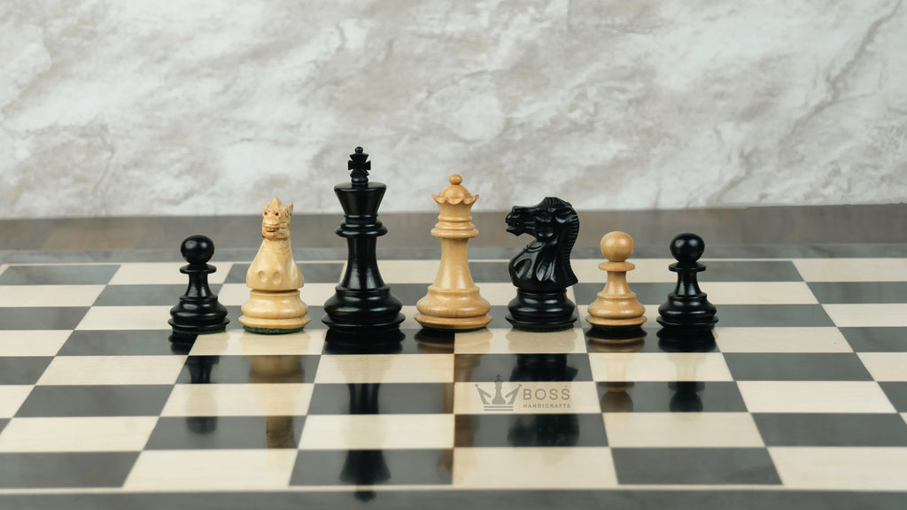 3” PRO ROYAL KNIGHT STAUNTON EBONISED WEIGHTED CHESS PIECES, 17” EBONY STYLE CHESSBOARD & STORAGE BOX
