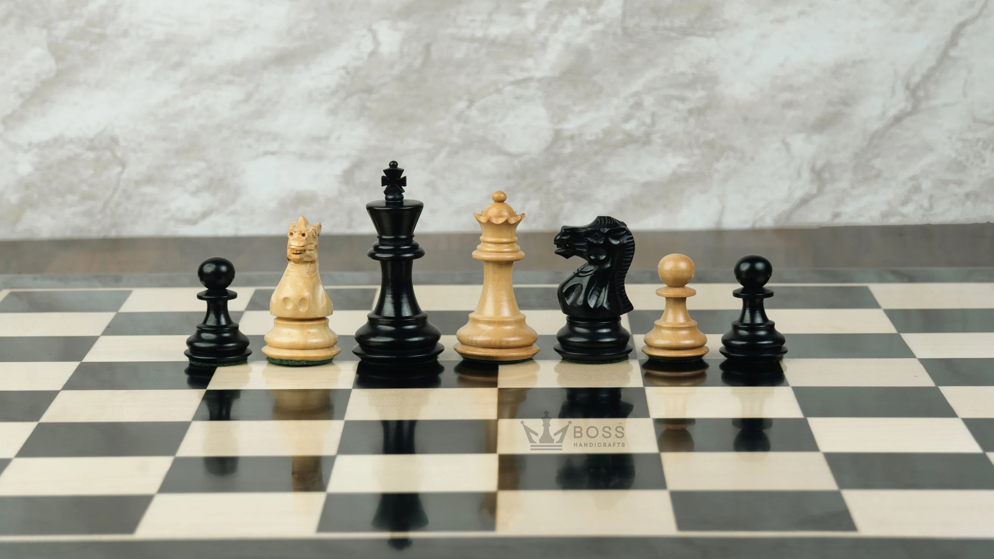 3” PRO ROYAL KNIGHT STAUNTON EBONISED WEIGHTED CHESS PIECES, 17” EBONY STYLE CHESSBOARD & STORAGE BOX