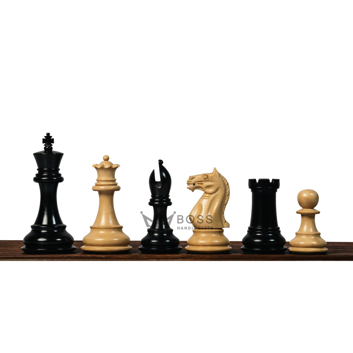 4" FIERCE KNIGHT STAUNTON EBONY TRIPLE WEIGHTED CHESS PIECES WITH 21" EBONY CHESSBOARD & STORAGE BOX