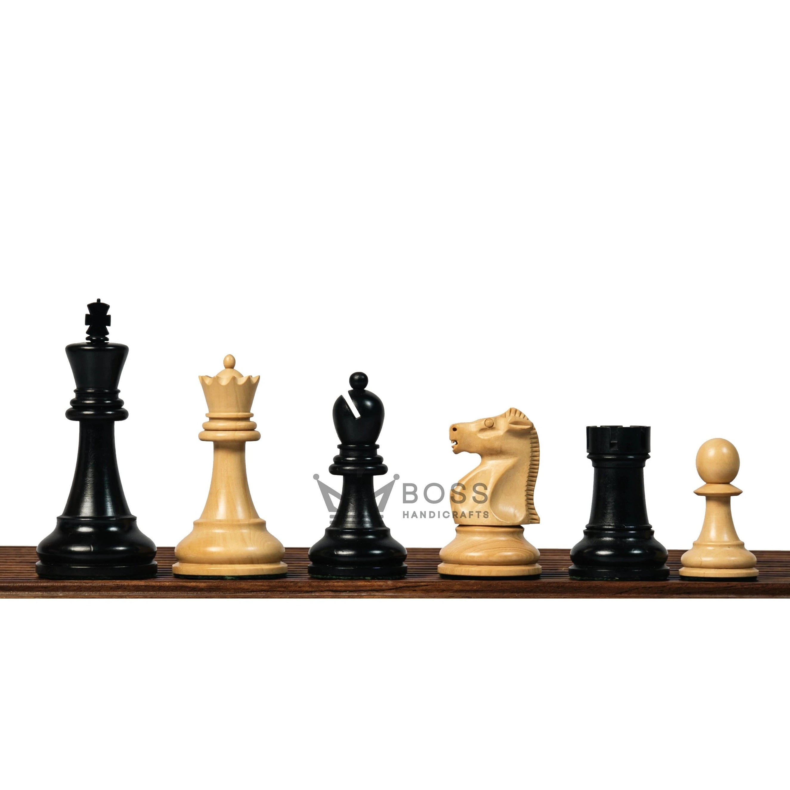 3.75” THE FISCHER SPASSKY 1972 SERIES EBONISED DOUBLE WEIGHTED CHESS PIECES, 21” EBONY BOARD & BOX