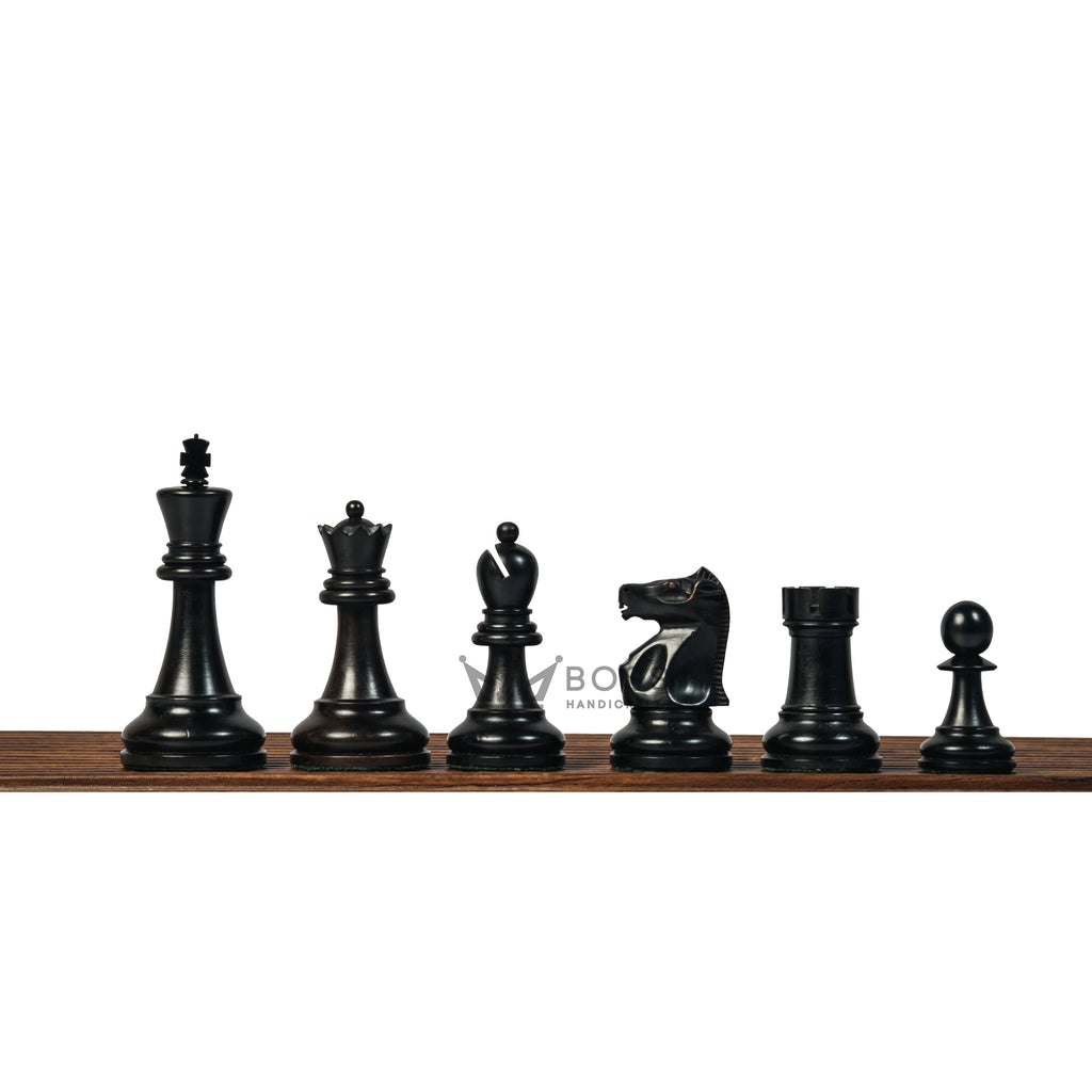 3.75” THE FISCHER SPASSKY 1972 SERIES EBONISED DOUBLE WEIGHTED CHESS PIECES, 21” EBONY BOARD & BOX