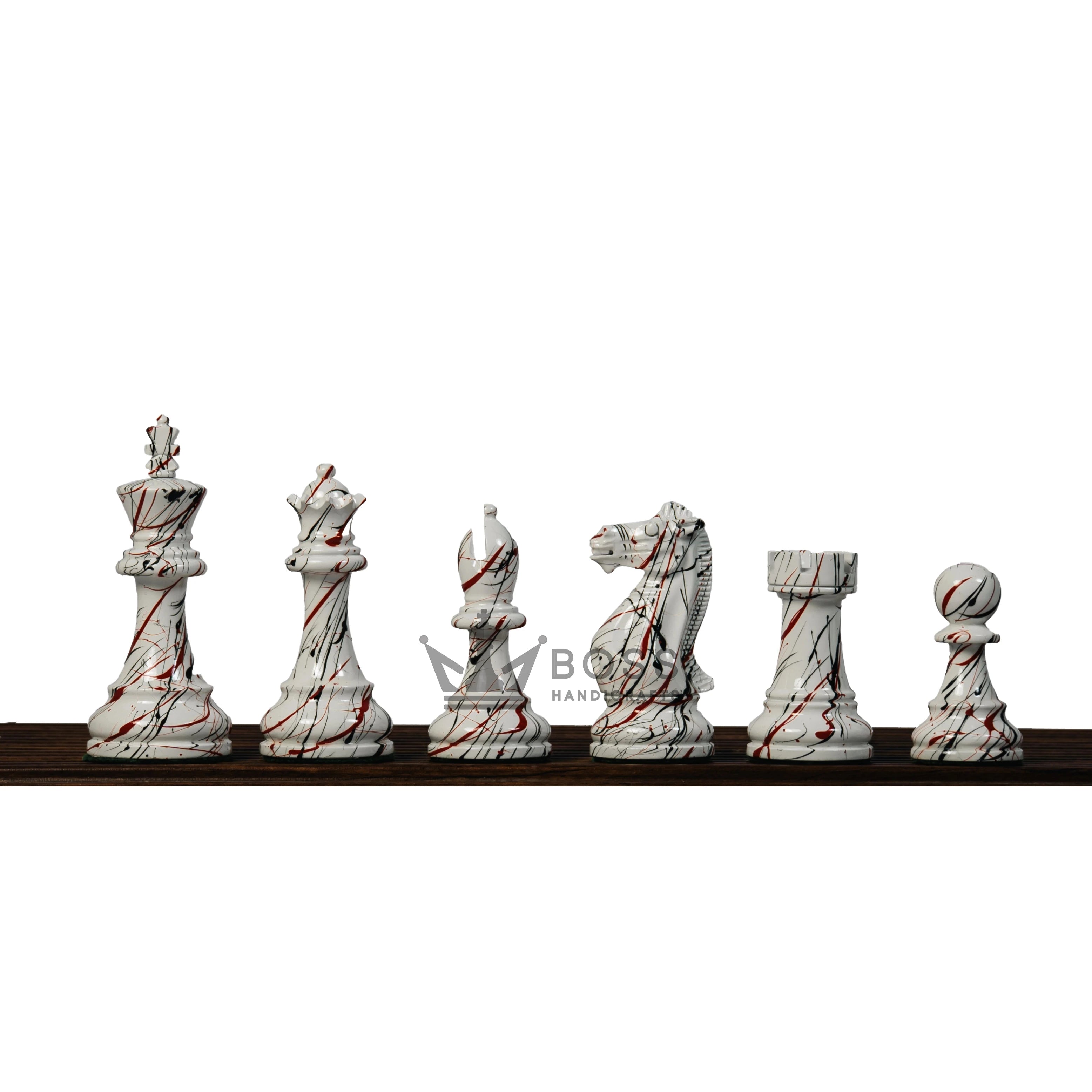 4” PAINTED ROYAL KNIGHT STAUNTON TRIPLE WEIGHTED CHESS PIECES, 21” EBONY BOARD & BOX