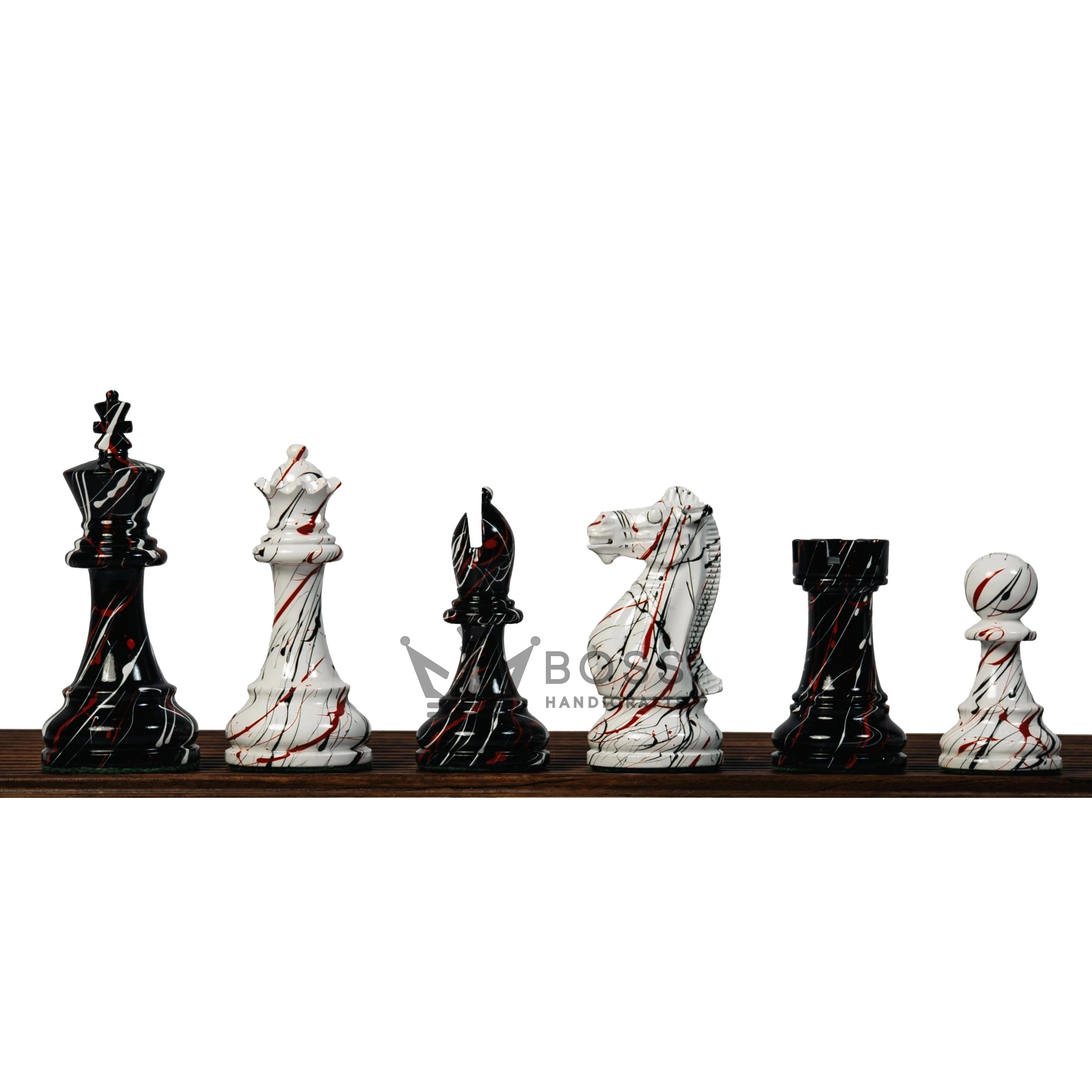 4” PAINTED ROYAL KNIGHT STAUNTON TRIPLE WEIGHTED CHESS PIECES, 21” EBONY BOARD & BOX