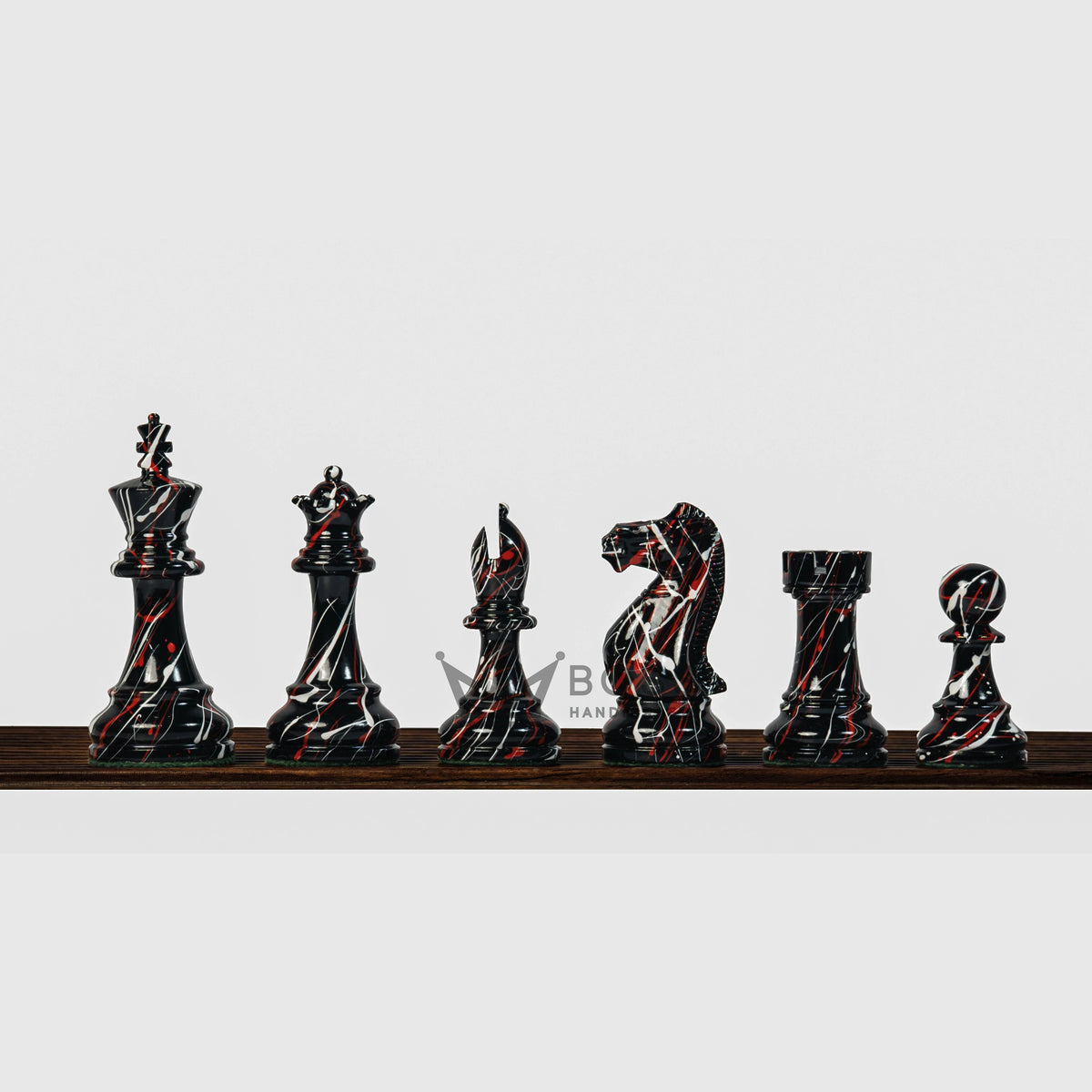 4” PAINTED ROYAL KNIGHT STAUNTON TRIPLE WEIGHTED CHESS PIECES, 21” EBONY BOARD & BOX