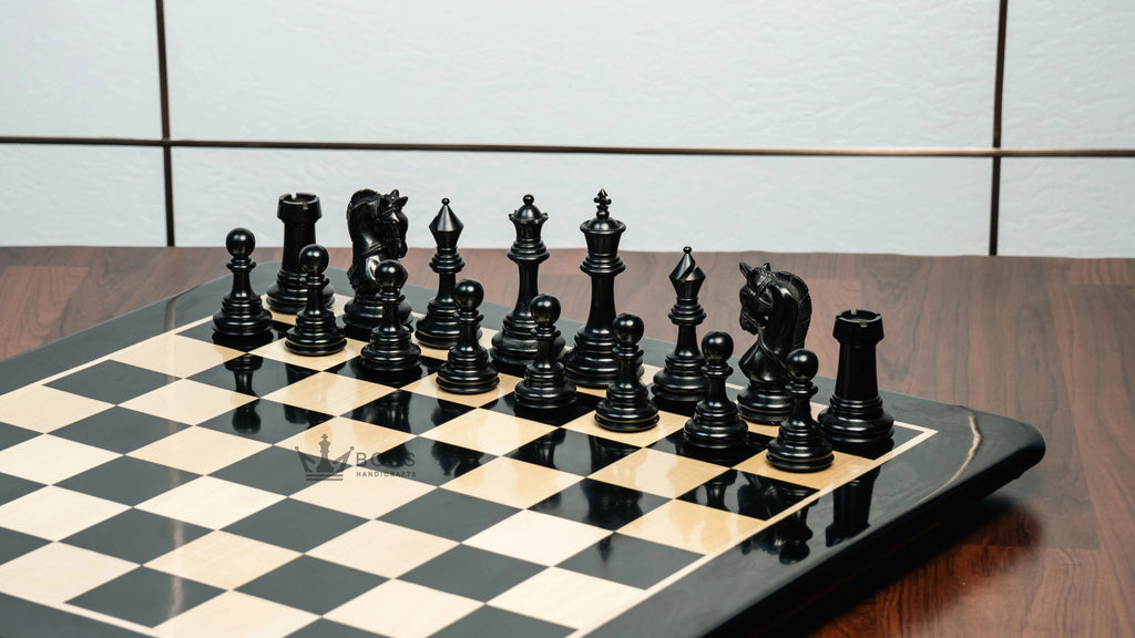 4.3” ELEGANT BRIDLE KNIGHT LUXURY STAUNTON EBONY TRIPLE WEIGHTED CHESS PIECES WITH EBONY CHESSBOARD & STORAGE BOX