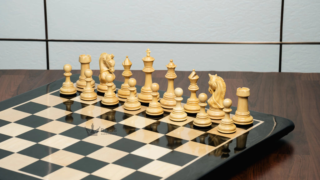 4.3” ELEGANT BRIDLE KNIGHT LUXURY STAUNTON EBONY TRIPLE WEIGHTED CHESS PIECES WITH EBONY CHESSBOARD & STORAGE BOX