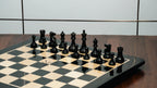 3.75” THE FISCHER SPASSKY 1972 SERIES EBONISED DOUBLE WEIGHTED CHESS PIECES, 21” EBONY BOARD & BOX