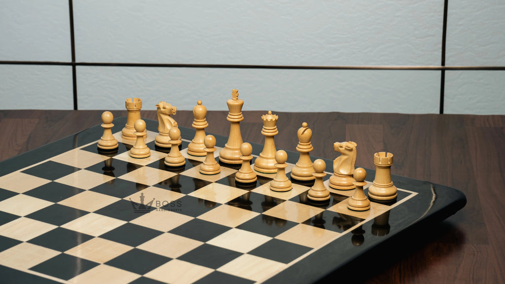 3.75” THE FISCHER SPASSKY 1972 SERIES EBONISED DOUBLE WEIGHTED CHESS PIECES, 21” EBONY BOARD & BOX