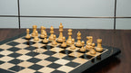 3.75” THE FISCHER SPASSKY 1972 SERIES EBONISED DOUBLE WEIGHTED CHESS PIECES, 21” EBONY BOARD & BOX