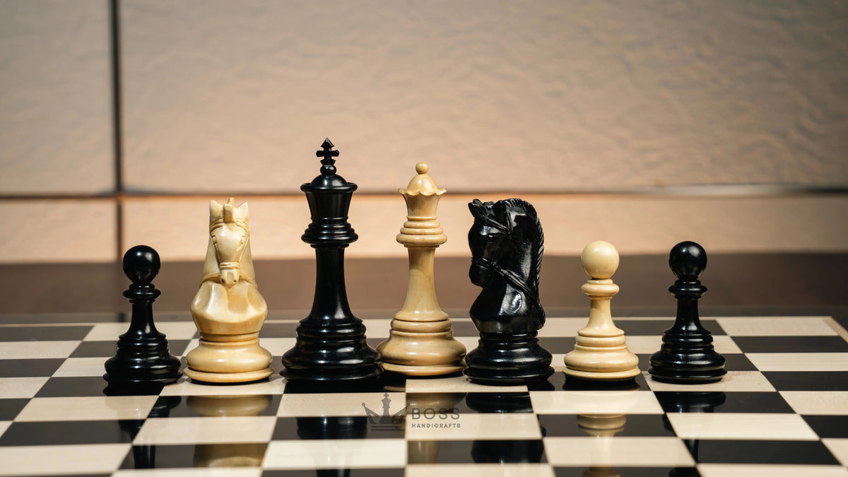 4.3” ELEGANT BRIDLE KNIGHT LUXURY STAUNTON EBONY TRIPLE WEIGHTED CHESS PIECES WITH EBONY CHESSBOARD & STORAGE BOX