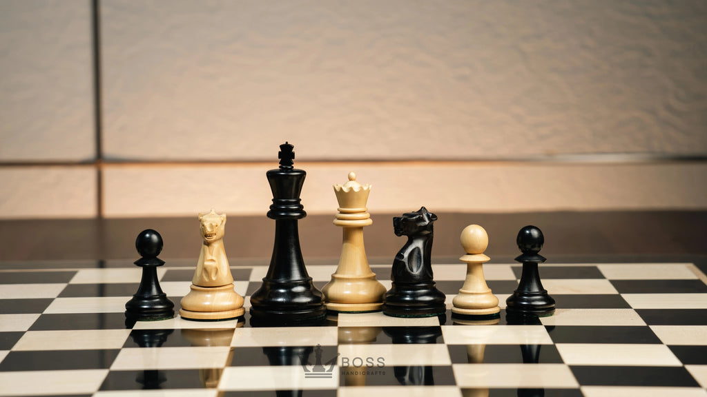 3.75” THE FISCHER SPASSKY 1972 SERIES EBONISED DOUBLE WEIGHTED CHESS PIECES, 21” EBONY BOARD & BOX