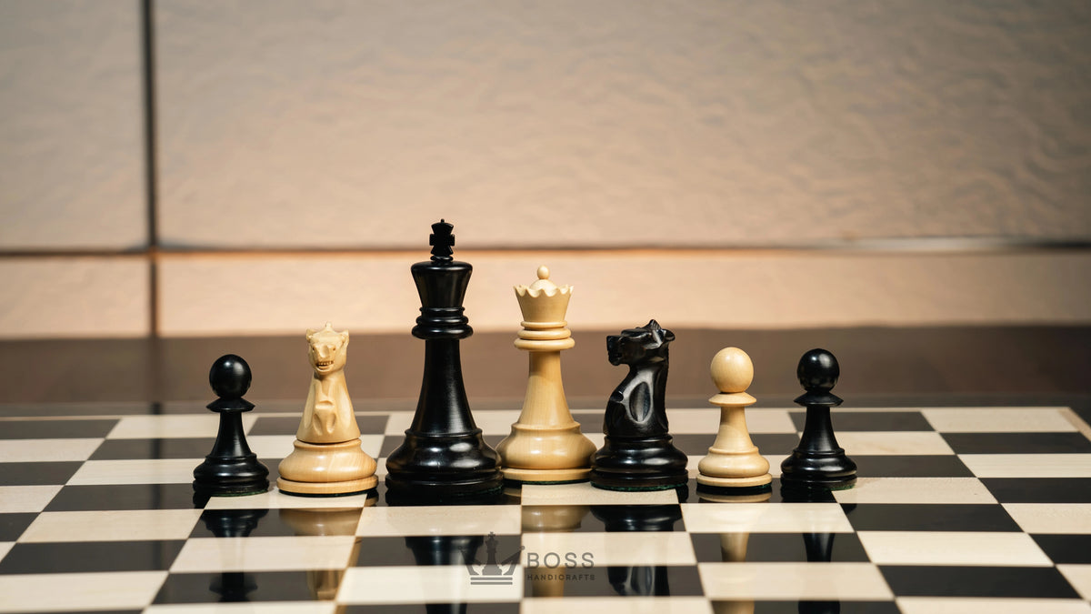 3.75” THE FISCHER SPASSKY 1972 SERIES EBONISED DOUBLE WEIGHTED CHESS PIECES, 21” EBONY BOARD & BOX