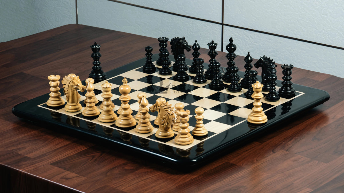 4.4” ARTHUR KNIGHT LUXURY STAUNTON EBONY CHESS PIECES WITH 21” EBONY CHESSBOARD & STORAGE BOX