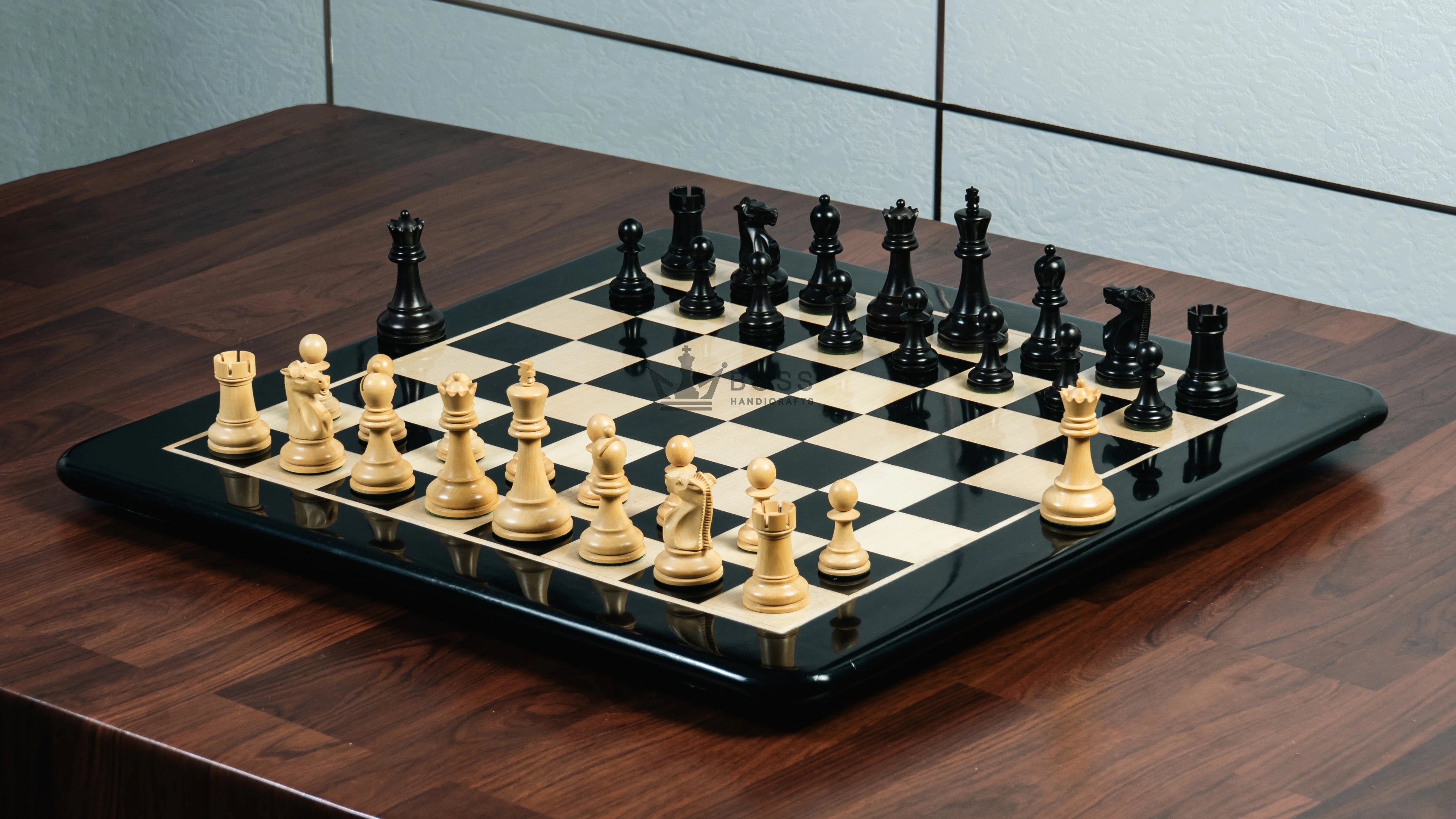 3.75” THE FISCHER SPASSKY 1972 SERIES EBONISED DOUBLE WEIGHTED CHESS PIECES, 21” EBONY BOARD & BOX