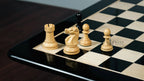 3.75” THE FISCHER SPASSKY 1972 SERIES EBONISED DOUBLE WEIGHTED CHESS PIECES, 21” EBONY BOARD & BOX