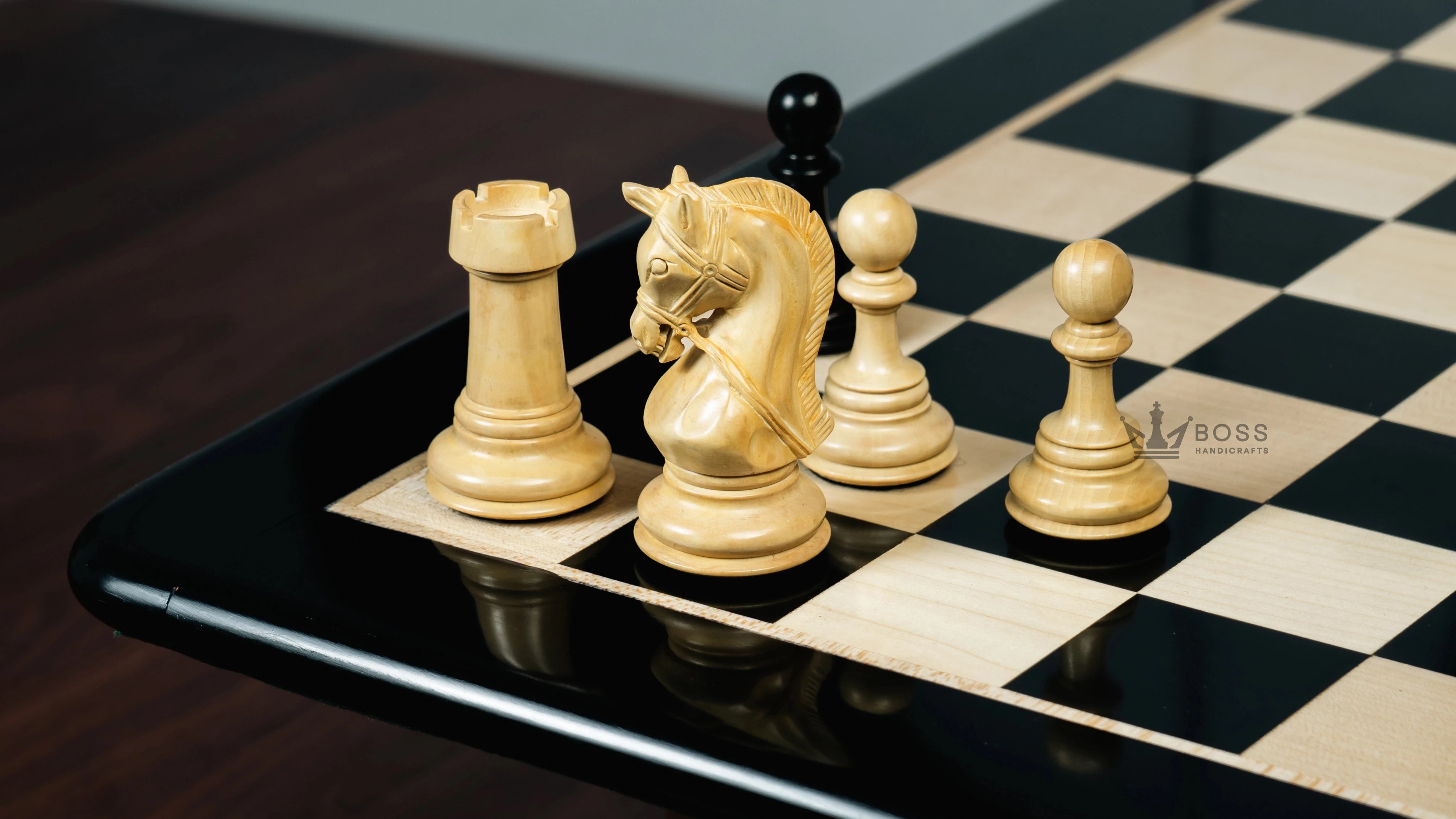 4.3” ELEGANT BRIDLE KNIGHT LUXURY STAUNTON EBONY TRIPLE WEIGHTED CHESS PIECES WITH EBONY CHESSBOARD & STORAGE BOX