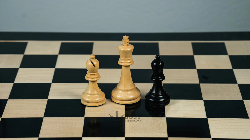 3.75” THE FISCHER SPASSKY 1972 SERIES EBONISED DOUBLE WEIGHTED CHESS PIECES, 21” EBONY BOARD & BOX
