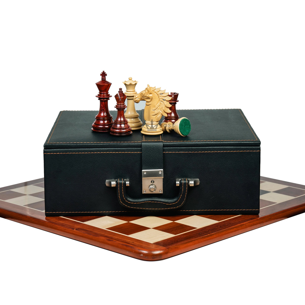 4.5” FLARE KNIGHT LUXURY STAUNTON PADAUK TRIPLE WEIGHTED CHESS PIECES WITH 21”  PADAUK CHESSBOARD & STORAGE BOX