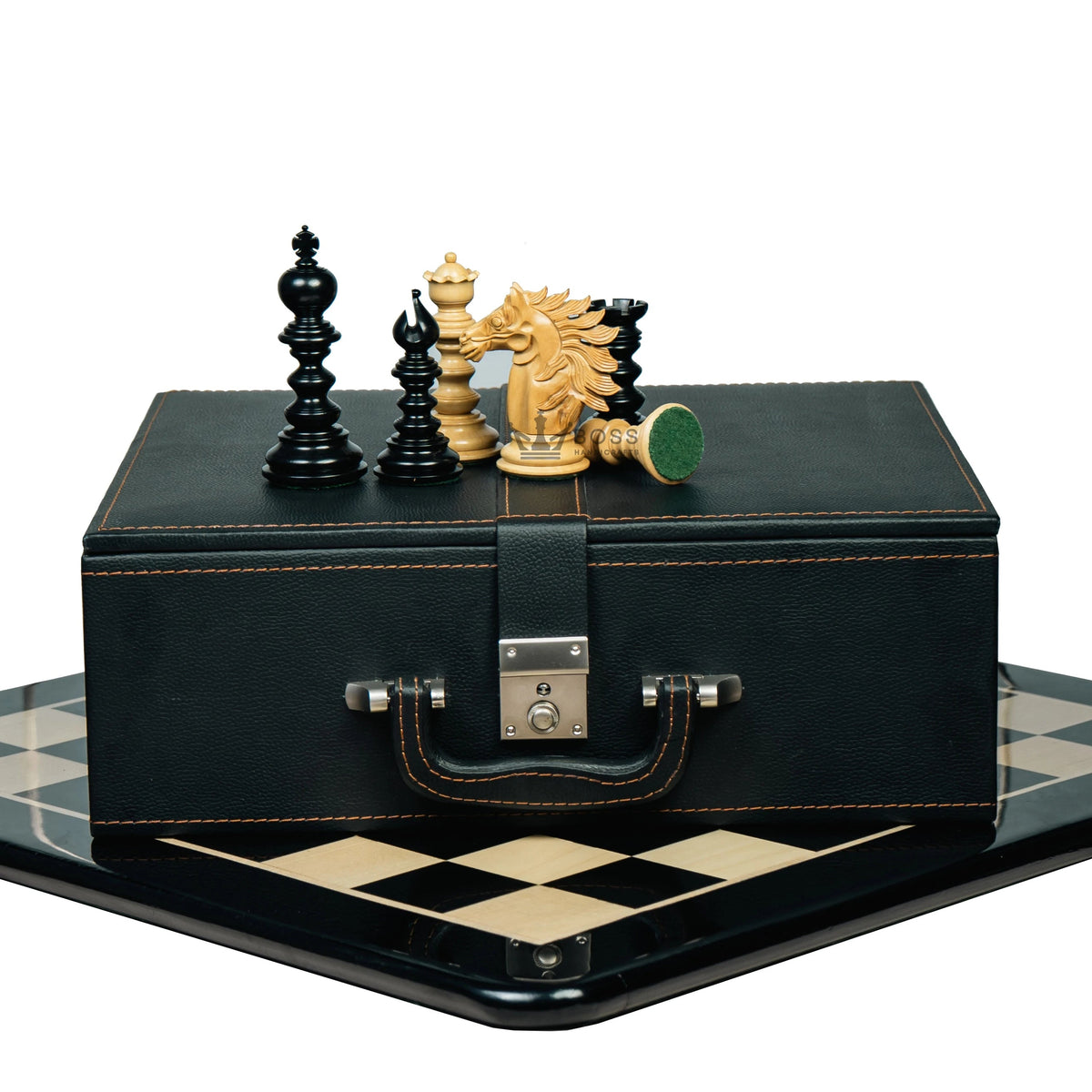 4.4” ARTHUR KNIGHT LUXURY STAUNTON EBONY CHESS PIECES WITH 21” EBONY CHESSBOARD & STORAGE BOX