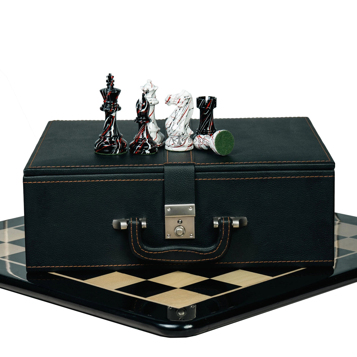 4” PAINTED ROYAL KNIGHT STAUNTON TRIPLE WEIGHTED CHESS PIECES, 21” EBONY BOARD & BOX